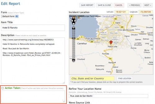 Ushahidi's Action Taken area for items that have been resolved