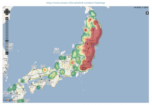 Japan earthquake Ushahidi data, heatmapped