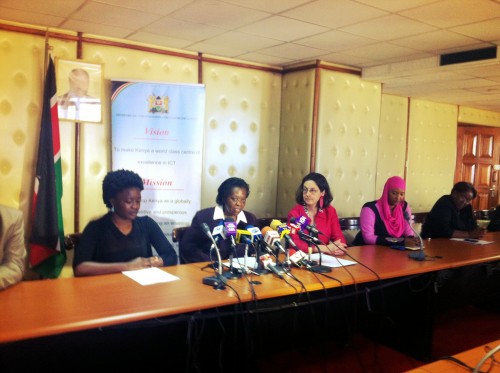 Ms Kagonya Awori (L) and Prof. Susan Benesch (R) during a Press Conference yesterday with the National Steering Committee on Media Monitoring.